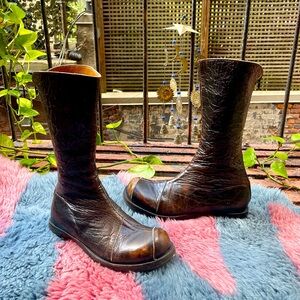 CYDWOQ handmade Brown Leather Mid Calf Boots 39 Patchwork Flat $568 retail